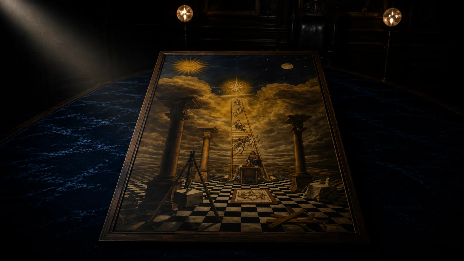 A framed tracing board depicting the winding staircase, flanked by two pillars, on a chequered pavement.
