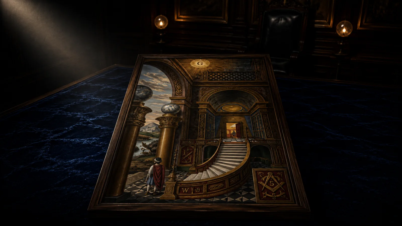 A framed Fellow Craft tracing board on a chequered pavement in the Lodge room.
