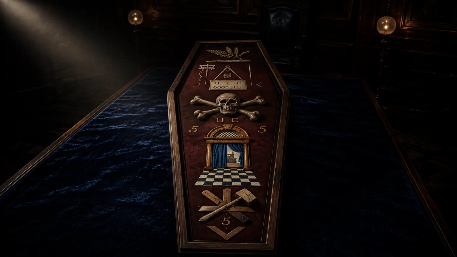 A framed Master Mason tracing board on a chequered pavement in the Lodge room.
