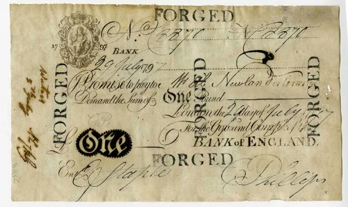 A printed counterfeit Bank of England one pound note of 1797, stamped repeatedly with the word FORGED.