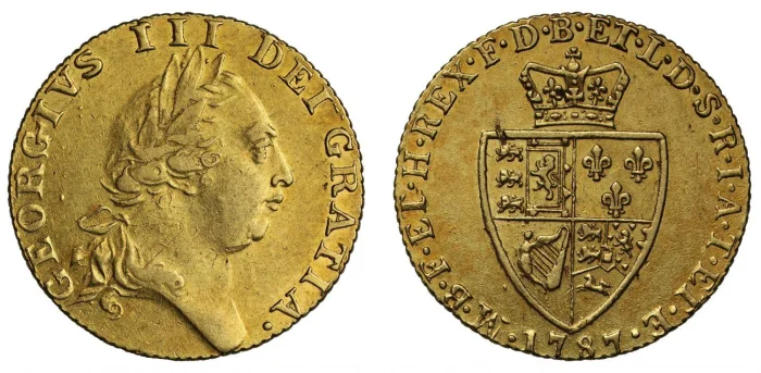 A George III gold guinea of 1787, obverse and reverse, showing the King's portrait and a crowned shield of arms.