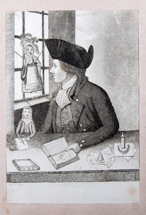 An etching of Thomas Denton, seated half-length at a table, holding an open book showing a small automaton figure holding a pen; beside him a female doll, hung in the window, appears to play a trumpet.
