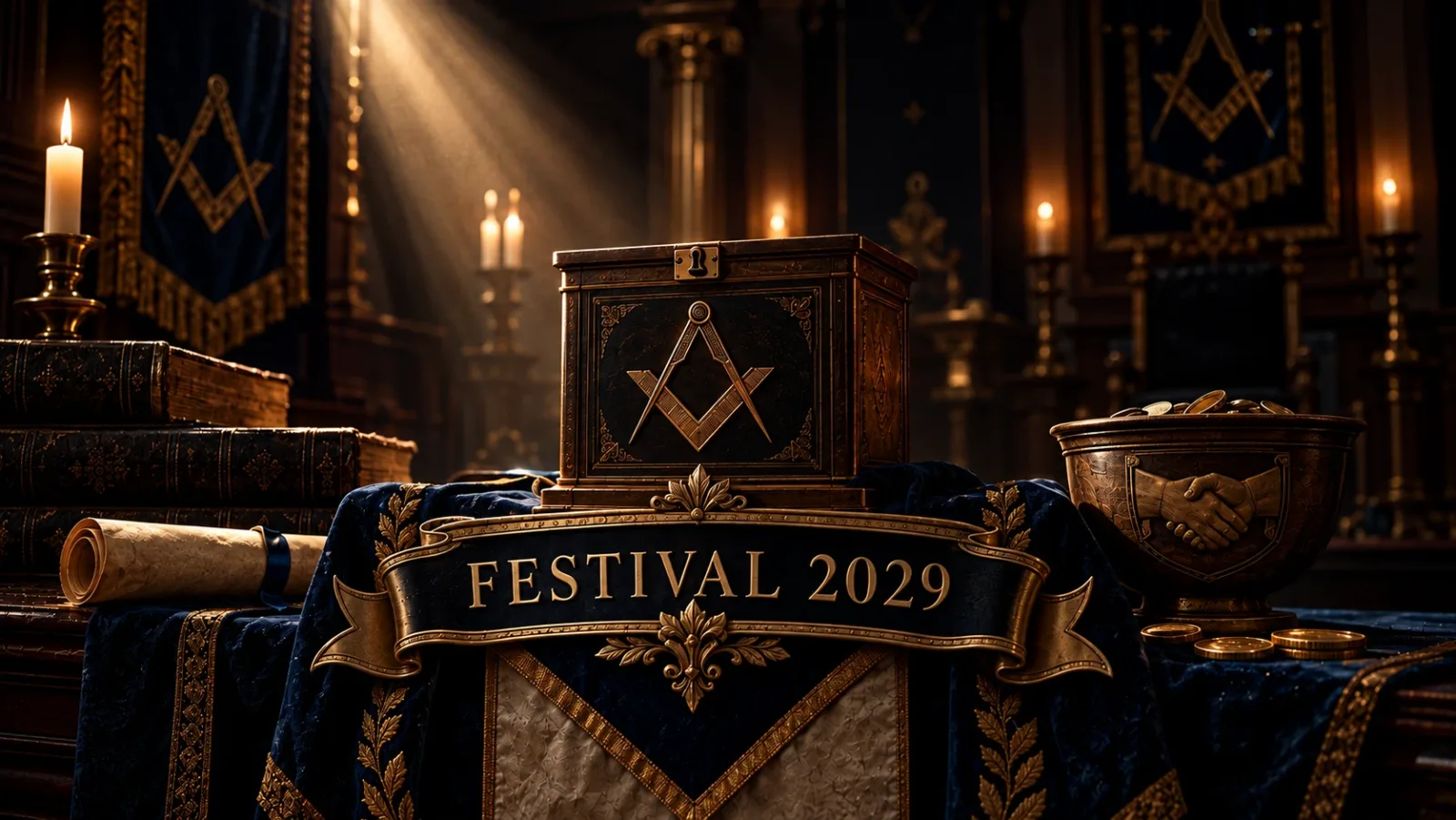 A Masonic charity box bearing the square and compasses, beside a bowl of coins and a scroll, on a blue velvet cloth with a banner reading Festival 2029