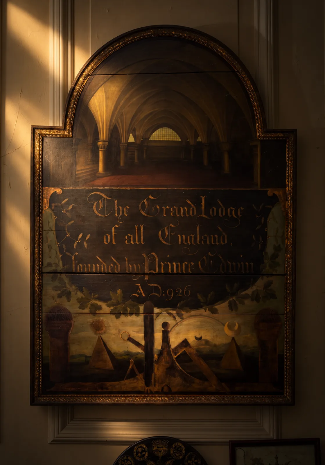 A painted wooden panel reading 'The Grand Lodge of all England, founded by Prince Edwin AD 926', flanked by masonic emblems.