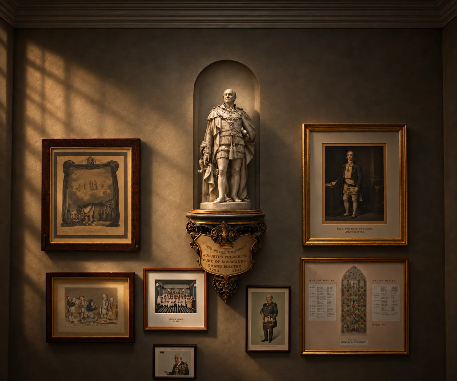 A wall alcove with a statue of the Duke of Sussex, first Grand Master, surrounded by historic Masonic portraits and prints.