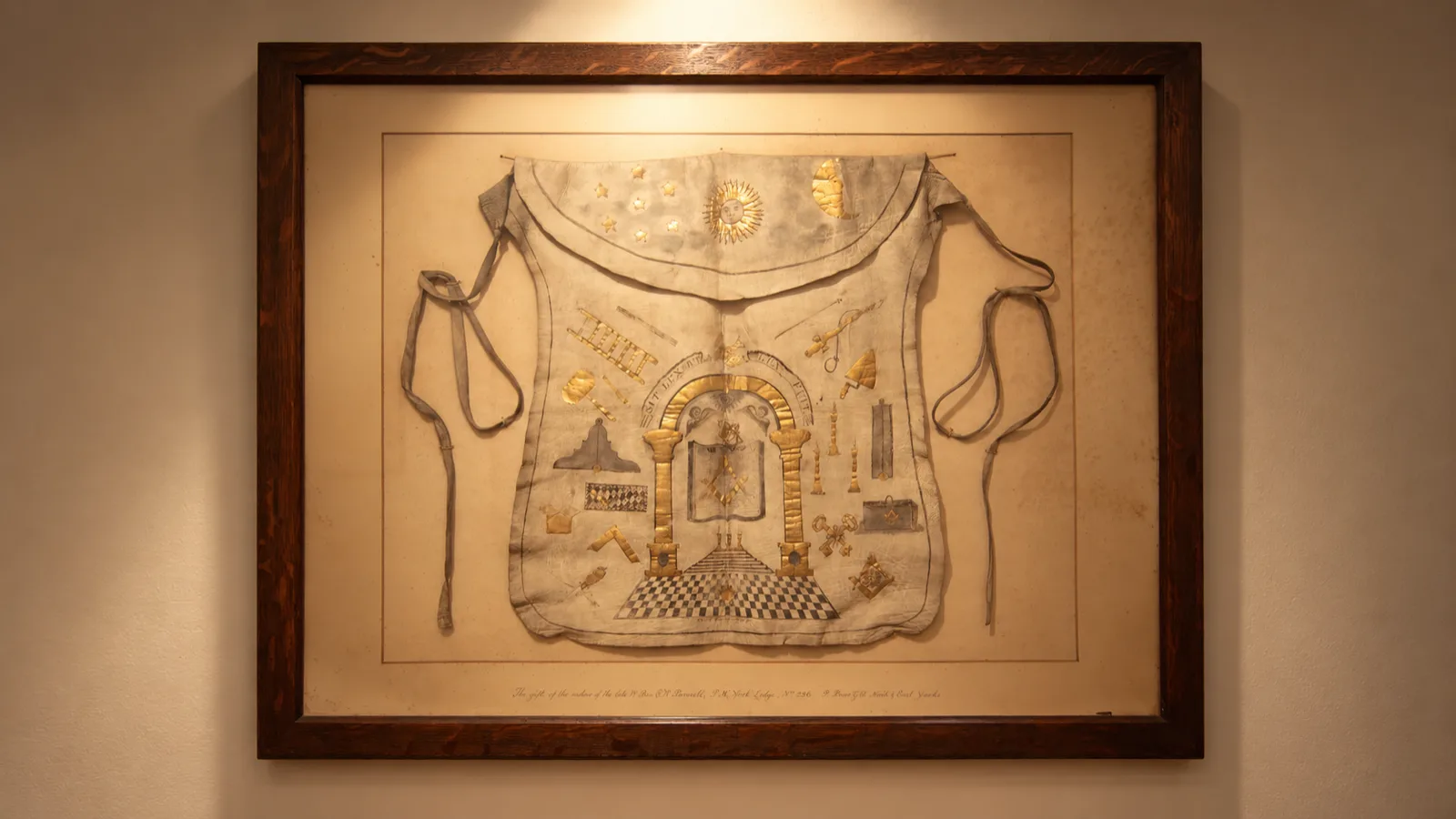 A framed nineteenth-century hand-painted and gilded Masonic apron in the Lodge's collection.