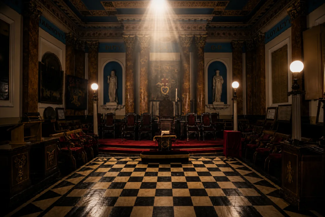 The principal Lodge room at Duncombe Place, York, looking east towards the Master's chair and pedestal across a black and white chequered pavement.