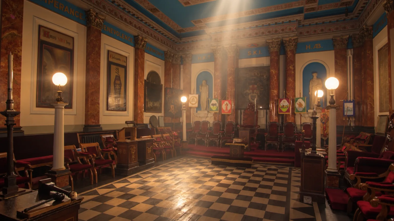 The Lodge room seen from the east end, sunlight falling across the chequered pavement towards the Master's chair.