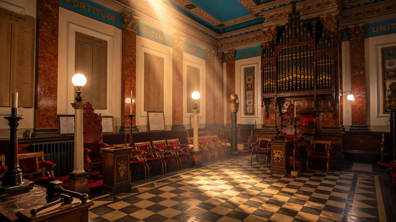 The Lodge room seen from the west end, showing the grand organ and the honours boards listing past Worshipful Masters.