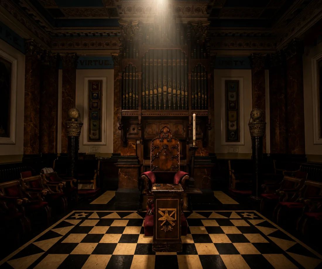 The Lodge room looking west towards the Senior Warden's chair and the grand organ, flanked by the two symbolic pillars.