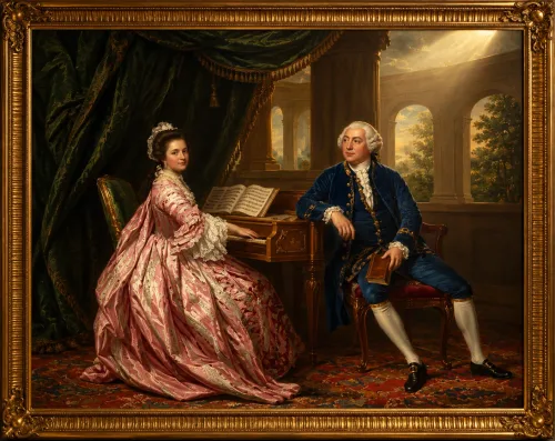 A double portrait of Sir Thomas Tancred and his wife Penelope, within an arcaded setting: the lady seated at a square piano, her husband on a chair holding a book.