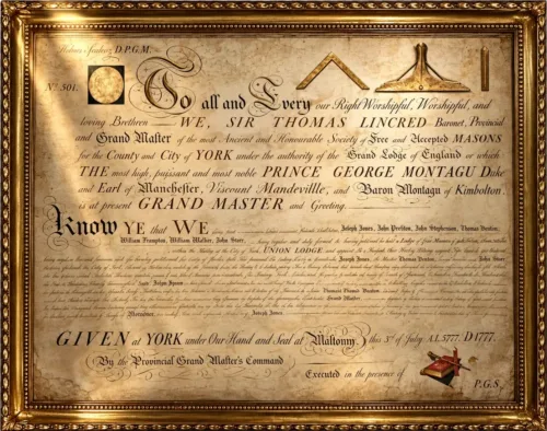 The 1777 warrant of Union Lodge No. 504, issued by Sir Thomas Tancred, Provincial Grand Master for the County of York.