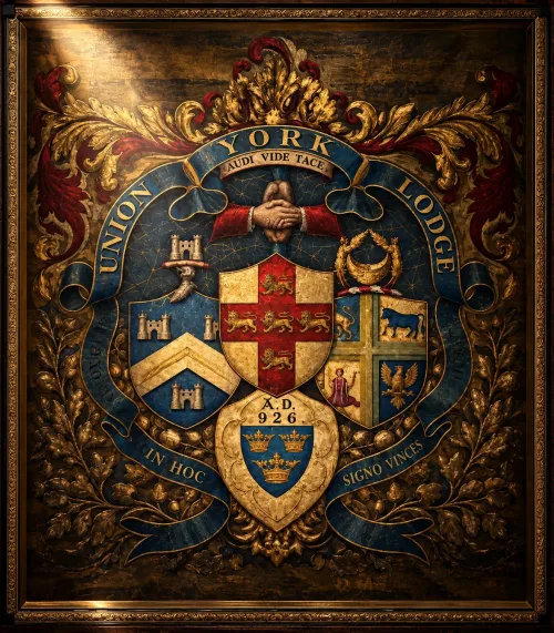 The York Union Lodge Banner: the arms of the City of York at the centre beneath clasped hands, with the arms of the Moderns to the left, the Ancients to the right and the arms of the Grand Lodge of All England below, on a blue and gold ground.