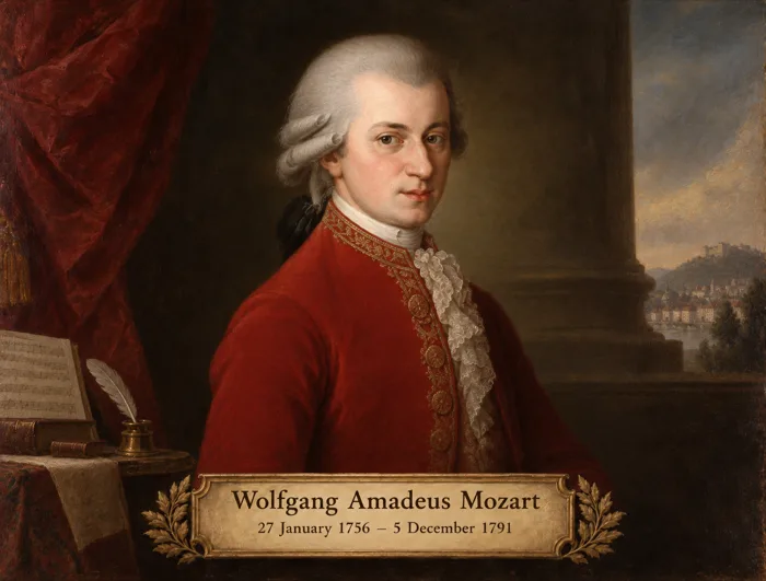 Portrait of Wolfgang Amadeus Mozart, 27 January 1756 to 5 December 1791.